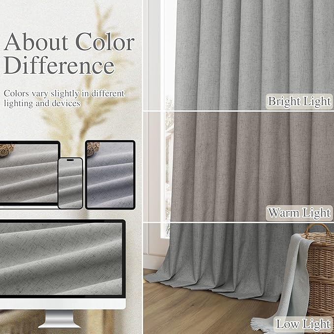 Guken 100% Blackout Linen Curtains 90 Inch Length 2 Panels Set for Living Room Bedroom Back Tab Thermal Insulated Black Out Linen Drapes Room Darkening Window Curtains,Dark Grey