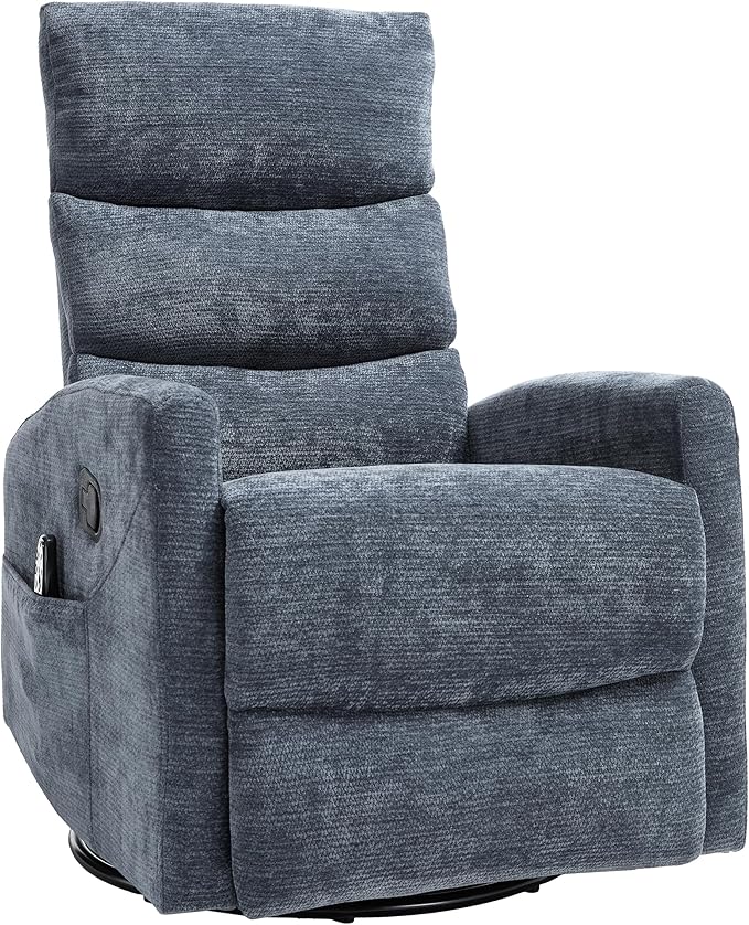 PELUMY Massage Recliner Chair with Heat - Manual Rocker Swivel Recliner, 360° Rotation & 155° Recline for Living Room（Linen Fabric, Blue）