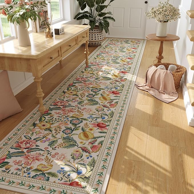 Runners for Kitchen Runner Rug Non Slip 2'x10' Long Washable Rugs with Rubber Backing Soft Vintage Floral Carpet Runner for Kitchen, Laundry, Bedroom, Bathroom, Beige