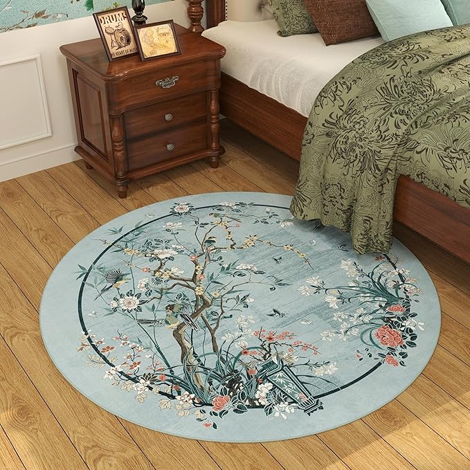 Circle Rug 4ft Chinoiserie-Style Floral Vintage Washable Round Rug Non Slip Low Pile Small Circular Rug for Bedroom, Bathroom, Entryway, Kids Room, Office, Blue