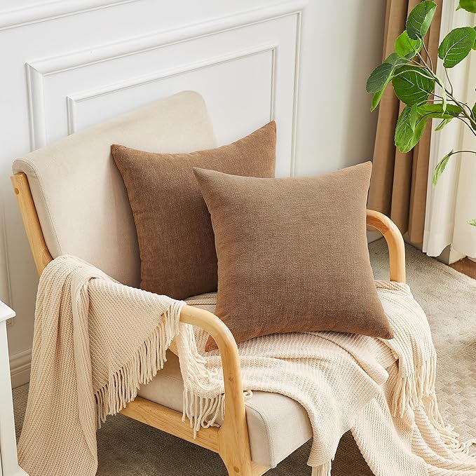 GAWAMAY Decorative Chenille Throw Pillow Covers 26x26 Inch Pack of 2, Soft Square Couch Pillow Cover for Sofa Cushion Living Room Bedroom Solid Dyed Oversized Pillowcases Brown 66x66cm (ONLY Covers)
