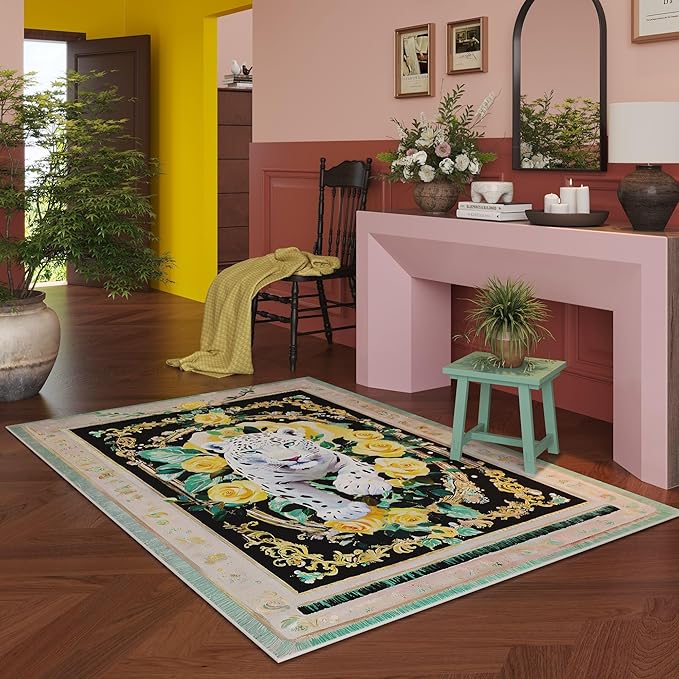 Living Room Rug 5x7 Rug Machine Washable Retro Lavish Leopard Area Rug Non Slip Floral Animal Vintage Low Pile Large Rugs for Living Room, Bedroom, Farmhouse, Dining Room, Kids Playroom