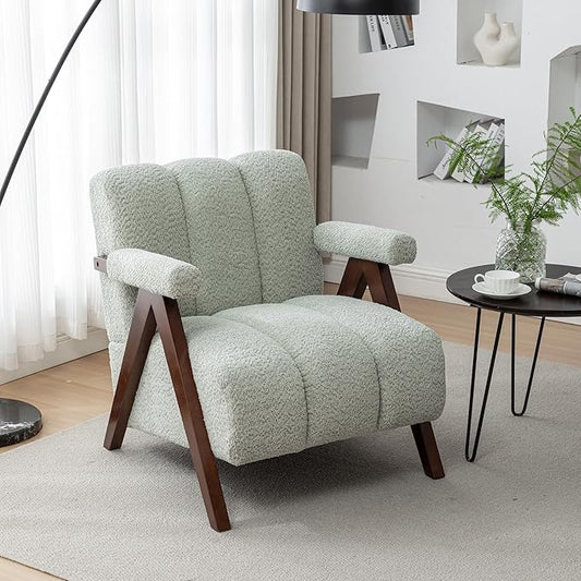 Mid Century Modern Accent Chair with Solid Wood Frame, Boucle Upholstered Living Room Chairs with Thick Cushion, Comfy Tufted Arm Chair for Bedroom, Sage