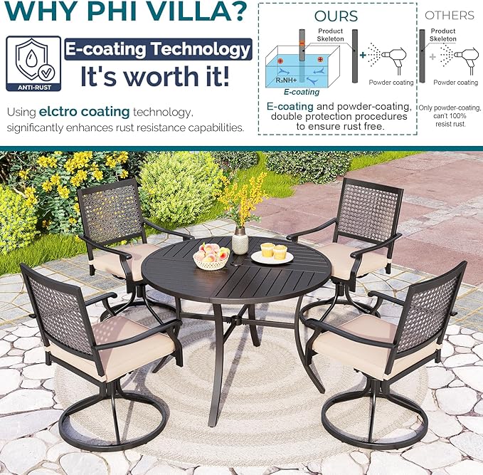 PHI VILLA Outdoor Modern Round Dining Table Set for 4 with Swivel Chairs, Patio Furniture Set of 5, Metal Circle Table with Umbrella Hole & Wrought Iron Chairs with Cushion Backyard
