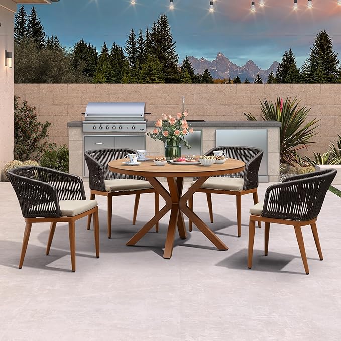 PURPLE LEAF 5 Pieces Outdoor Round Dining Set Patio Oversize Table and Chairs Set Aluminum Rattan Wicker Patio Furniture Set for Lawn Backyard Deck Brown