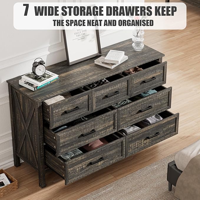 LYNSOM Farmhouse 7 Drawers Dresser for Bedroom, Wood Rustic Wide Chest of Drawers with Deep Drawers, Metal Handle, Storage Dressers Organizer for Entryway, Hallway, Dark Rustic Oak