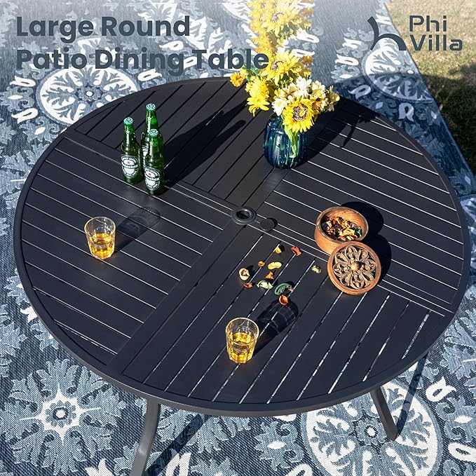 PHI VILLA 7 Piece Outdoor Patio Dining Set with 6 Padded High Back Patio Swivel Chairs & 1 Large 54" Round Dining Table, All Weather Patio Table and Chairs for Lawn Deck Garden