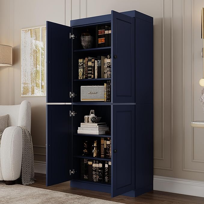 Palace Imports Solid Wood Bookcase - 6-Shelf Tall Bookshelf, 71.5” H x 32” W - Navy Blue, Wooden Cabinet Doors, Adjustable Shelves, 100% Renewable Eco-Friendly Wood, Made in Brazil