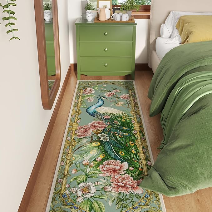 Runner Rug for Kitchen 2'6"x8' Washable Rugs with Rubber Backing Soft Floral Peacock Floral Animal Carpet Runner for Kitchen, Laundry, Bedroom, Bathroom (Mint Turquoise)