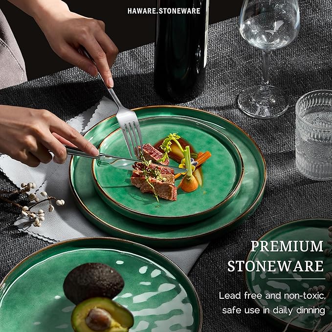 HaWare Dinnerware Sets, 24-Piece Plates and Bowls Set, Stoneware Dish Set for 8, Ceramic Dinnerware for Home Restaurant, Chip and Scratch Resistant, Microwave and Dishwasher Safe, Reactive Green