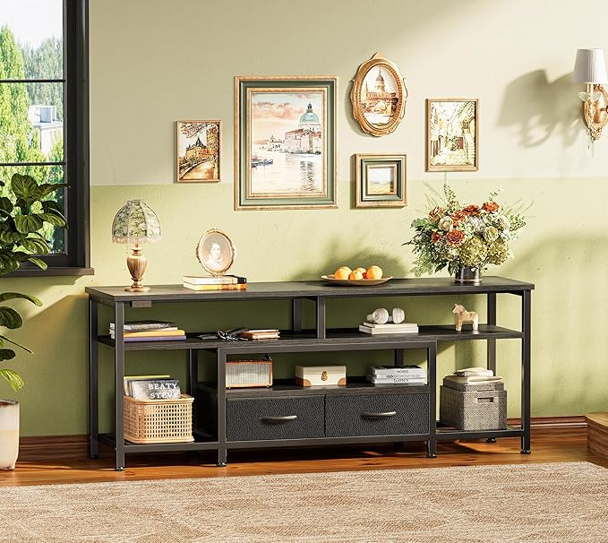 Huuger TV Stand for 55 60 Inch TV, Entertainment Center with Power Outlets and LED Lights, 54 Inch TV Console for Living Room, Media Console with Drawers and Shelves, Black