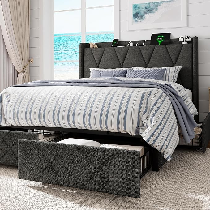 Full Size Bed Frame with 4 Storage Drawers, Upholstered Platform Bed with Charging Station, Modern Wingback Storage Headboard, Easy Assembly,Noise-Free, Dark Gray
