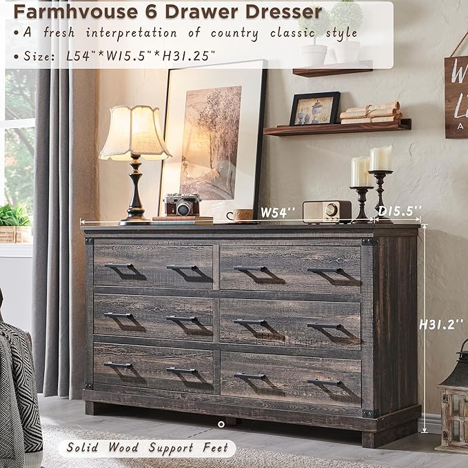 Farmhouse 6 Drawers Dresser for Bedroom, Large Chest of Drawers with Thick Plank Styling, Wood Rustic Closet Dresser for Bedroom, Living Room, Dark Rustic Oak Color