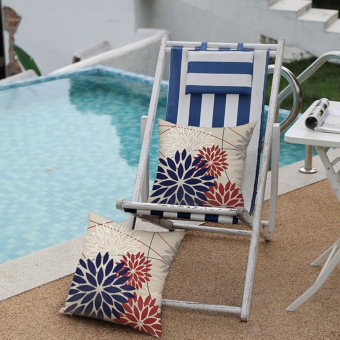 DFXSZ 4th of July Pillow Covers 16x16 Inch Set of 2 Patriotic Blue Red Floral Outdoor Waterproof Decorative Throw Pillows Polyester Cushion Case Decor for Patio Funiture Garden Couch 01H16