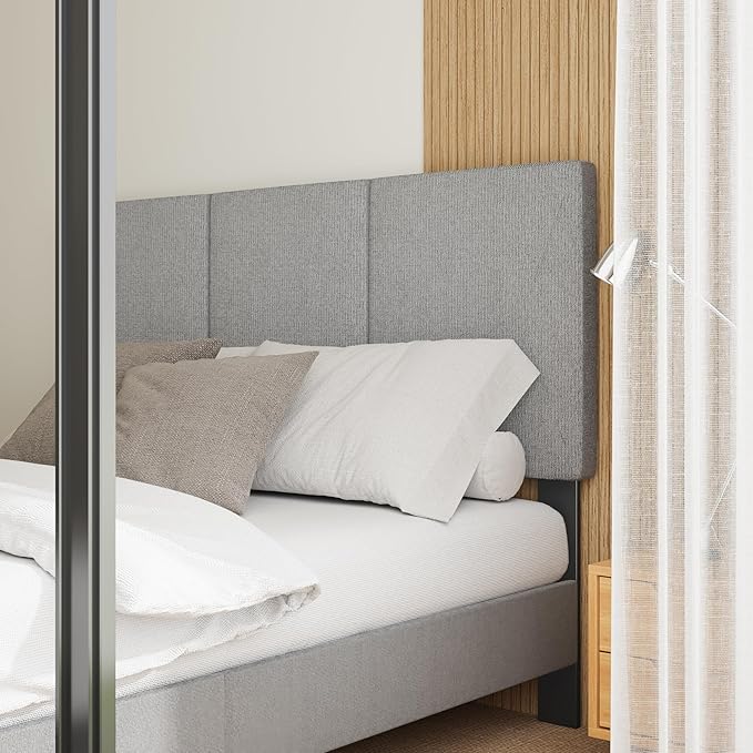 King Bed Frame with Headboard, Vertical Channel Fabric Heavy Duty King Size Bed Frame, No Box Spring Needed, Easy Assembly, Platform Bed Frame with Headboard, Grey