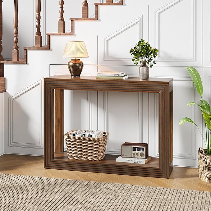 Mid-Century Fluted Console Table with Storage, Narrow Wooden Entryway Sofa Table Behind The Couch Small Entry Table for Entryway, Front Hall, Hallway Living Room, Walnut