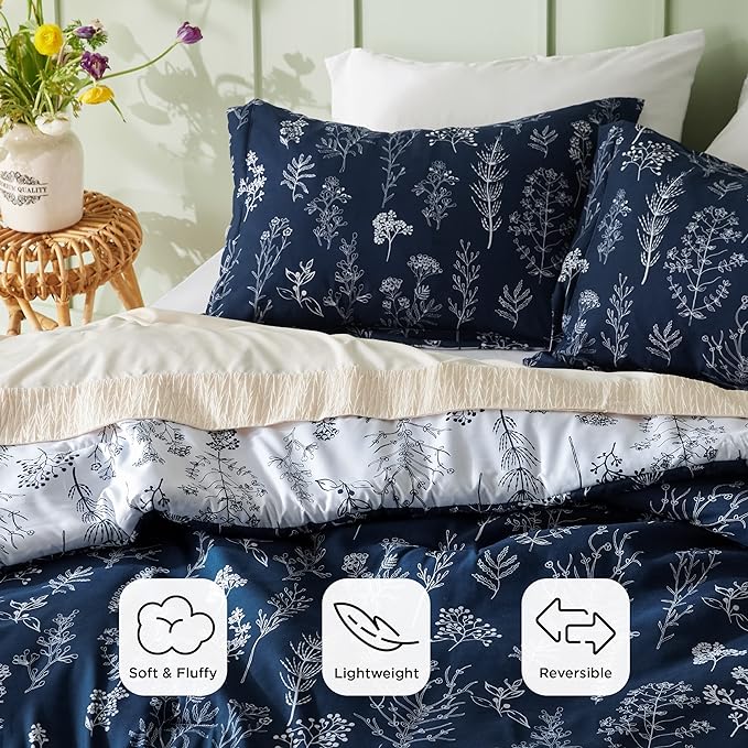 Bedsure King Comforter Set - Navy Bed Set, 3 Pieces Cute Floral Bedding, 1 Soft Reversible Botanical Flowers Comforter and 2 Pillow Shams