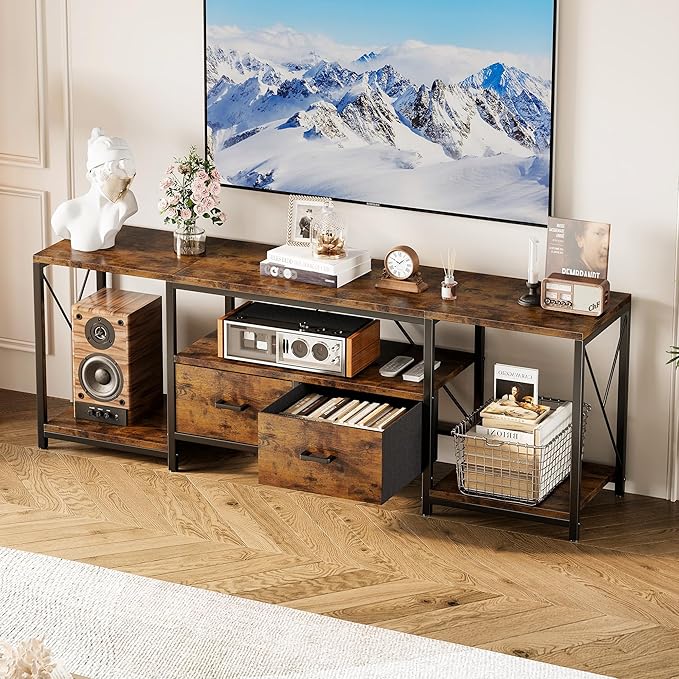 Homeiju TV Stand for TVs up to 75 Inch, Entertainment Center with Fabric Drawers, TV Media Console Table with Open Storage Shelves for Living Room, Bedroom, Rustic Brown