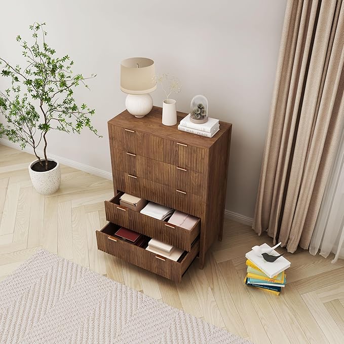 Fluted 5 Drawer Tall Dresser for Bedroom, Mid Century Modern Nightstand with Drawers, Tall Bedside Table for Closet Cloth, Living Room End Table with Storage for Dorm -Walnut