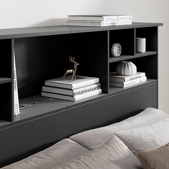 Queen/Full Headboard Only for Bedroom, Stylish Bookcase Headboard with Charging Station & 2 LED Lights, Engineered Wood Queen Size Headboard, Noise-Free HeadBoard with Storage, Black