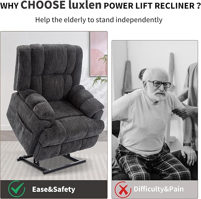 Luxlen Power Lift Recliner Chair for Elderly, Heat Massage Recliners, Dual Motor Oversized Lift Chair, Medium-Firm Electric Lift Recliners with Remote - Dark Grey