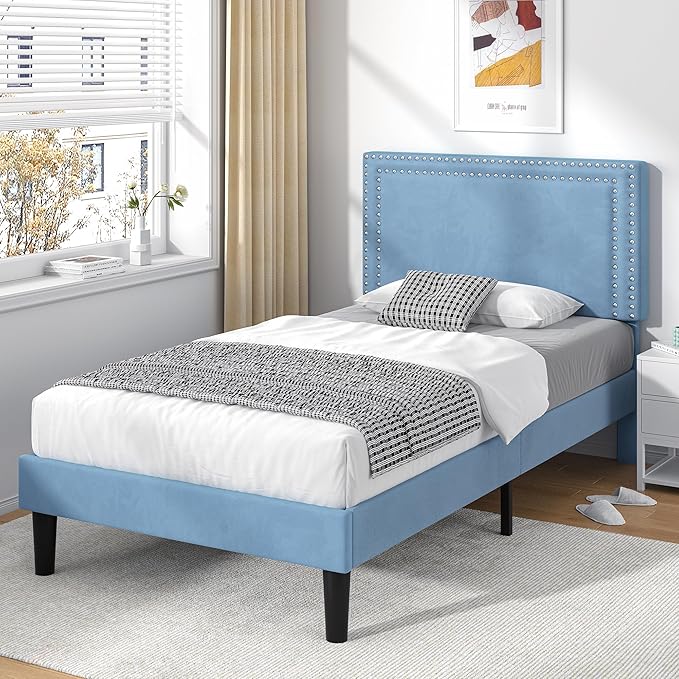 VECELO Twin Size Platform Bed Frame with Adjustable Upholstered Headboard, Strong Wood Slat Support, No Box Spring Needed, Easy Assembly
