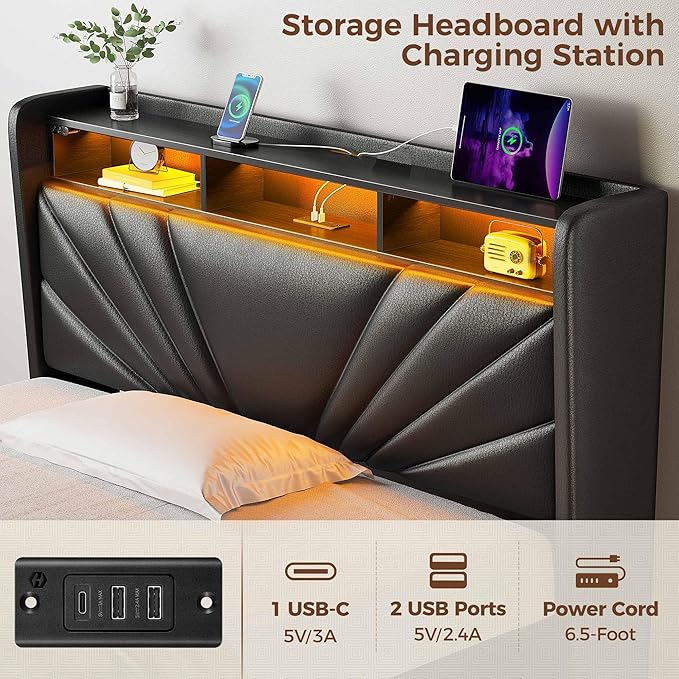 Rolanstar Twin Size Bed Frame, Storage Headboard with Charging Station and LED Lights, Upholstered Bed with Heavy Duty Wood Slats, No Box Spring Needed, Noise Free, Easy Assembly, Black