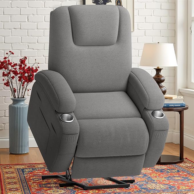 Power Lift Recliner Chair with Massage Electric Lift Chair for Elderly, Ergonomic Recliner with Cup Holders & Side Pockets, Modern Single Sofa for Living Room (Fabric, Grey)