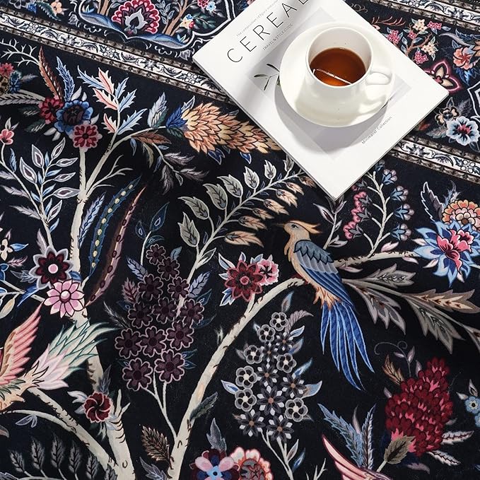 Area Rug 6x9 Vibrant Tree of Life-Patterned Vintage Washable Rug Non Slip Low Pile Large Rug for Living Room Bedroom Farmhouse Dining Room Kids Playroom, Black