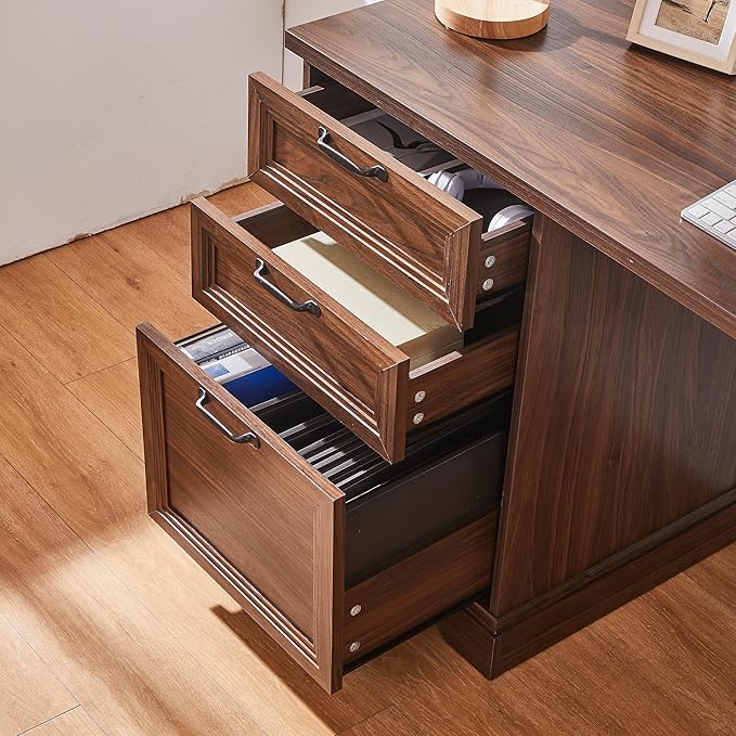 60" Farmhouse Executive Desk with Charging Station,Home Office Desk with 2 Drawers &1 File Cabinet,Fluted Computer Desk for Office and Home (Walnut)