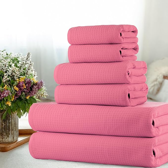 CASA COPENHAGEN Waffle Towel, 6Pieces 100% Cotton Large Towel Set- Pink, 2Bath 2Hand 2Washcloths Instant Absorb and Dry, Soft Strong Towels for Hotel Spa Kitchen Bathroom & Shower