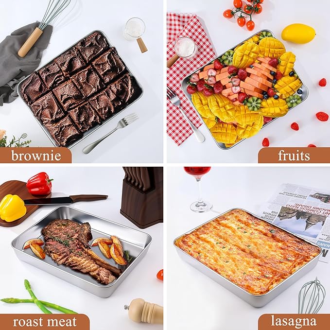 LIANYU Baking Pan Set of 2, 12⅓ x 9¾ x 2 Inch Cake Lasagna Brownies Casseroles Pan, Rectangle Stainless Steel Bakeware Set for Baking Roasting Toaster Oven, Dishwasher Safe