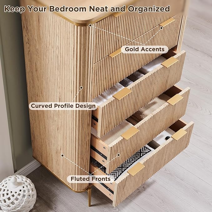 T4TREAM Fluted 5 Drawers Dresser for Bedroom, 48" Tall Modern Dresser Chest of Drawers, Gold Accents, Fluted Fronts, Wood Storage Dressers Organizer for Bedroom, Living Room, Natural Oak