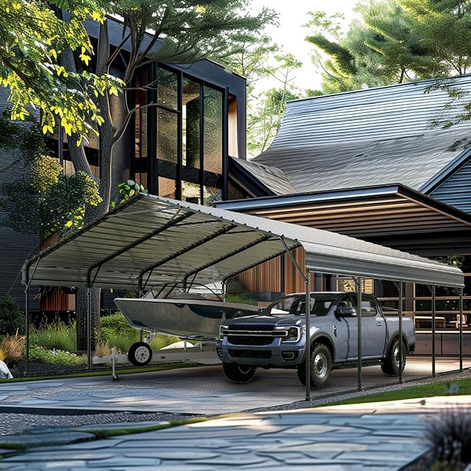 MFSTUDIO Carport 20x20 ft, Outdoor Heavy Duty Metal Shed Carports, Metal Garage Car Shelter Shade Car Port with Galvanized Roof, Frame and Bolts for 2 Cars, Truck and Boats