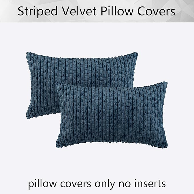 Kevin Textile Pack of 2 Corduroy Decorative Throw Pillow Covers 12x20 Inch Soft Boho Striped Pillow Covers Modern Farmhouse Home Decor for Autumn Sofa Living Room Couch Bed Blue