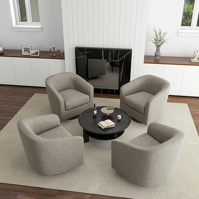 UIXE 360° Swivel Barrel Accent Chair Armchair, Round Club Arm Chair in Fabric for Lving Room, Modern Upholstered Small Bedroom Single Sofa Seat - Khaki, Set of 4