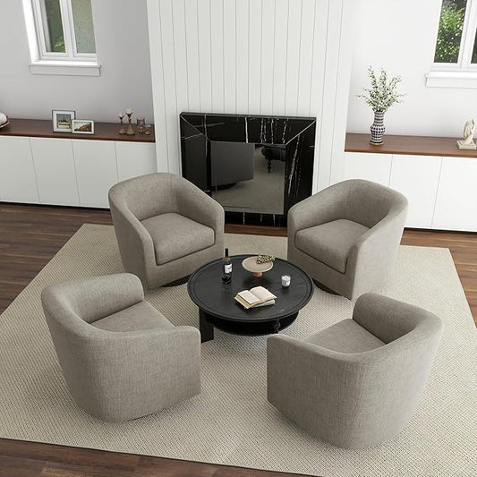 UIXE 360° Swivel Barrel Accent Chair Armchair, Round Club Arm Chair in Fabric for Lving Room, Modern Upholstered Small Bedroom Single Sofa Seat - Khaki, Set of 4