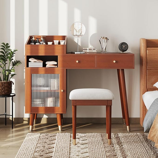 43.9" Modern Vanity Desk, Minimalist Makeup Vanity Table with Drawers, Cabinet & Chairging Port,Fabric Small Stool, Space-Saving Dressing Table Set for Bedroom Apartment Home Small Space