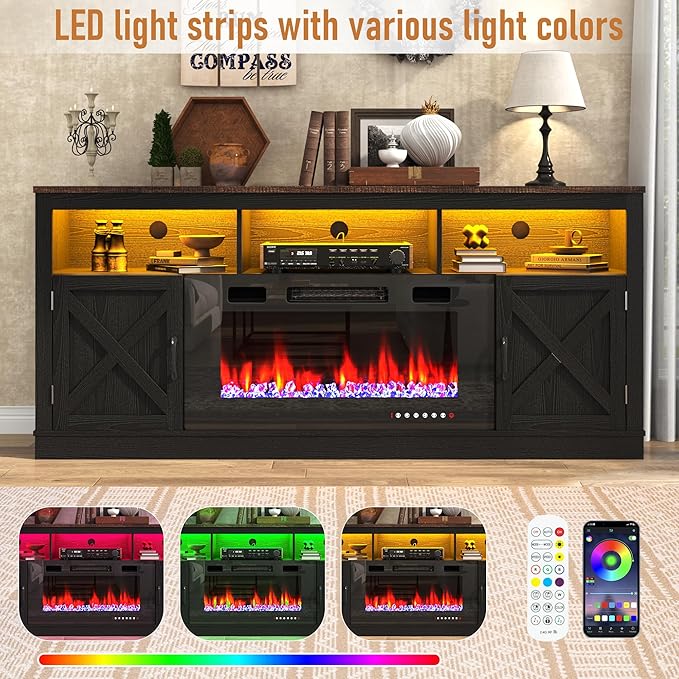 Farmhouse TV Stand with 36" Fireplace for 80" TV, 70" Entertainment Center with Barn Doors and LED Light, Tall Fireplace TV Stands for Living Room, Black