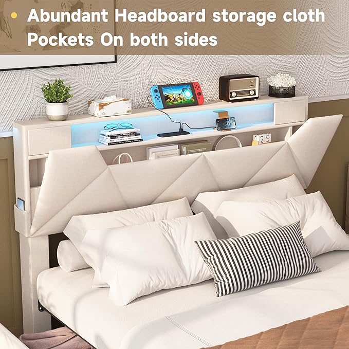 Vabches Queen Bed Frame with Storage Headboard and 4 Drawers,Upholstered Platform with Charging Station and Led Lights,Adjustable Headboard,No Box Spring Needed,Beige