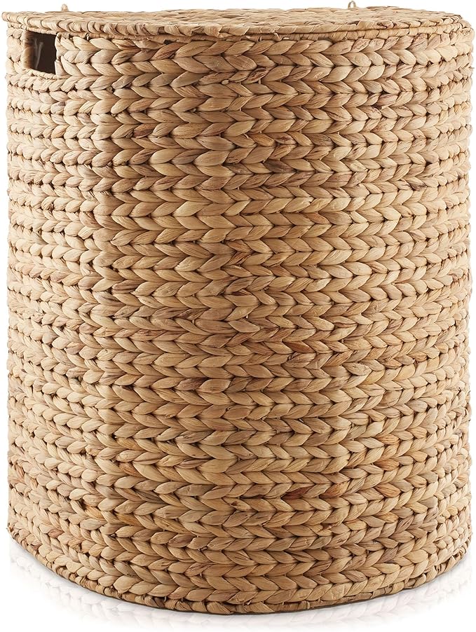 Casafield Half Moon Laundry Hamper with Lid and Removable Liner Bag - Natural, Woven Water Hyacinth Laundry Basket for Clothes and Towels