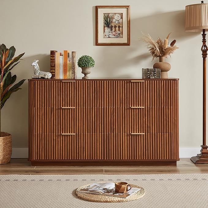 VMU Fluted Dresser with 6 Deep Drawers，55" Modern Wooden Chest of Drawers with Metal Handles, TV Stand with Curved Profile, Closet Clothes Storage Organizer for Bedroom, Living Room, Hallway (Walnut)