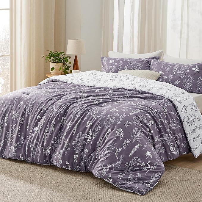Bedsure Queen Comforter Set - Grayish Purple Bed Set, 3 Pieces Cute Floral Bedding, 1 Soft Reversible Botanical Flowers Comforter and 2 Pillow Shams