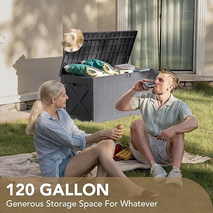 Devoko 120 Gallon Deck Box Resin Outdoor Storage Box Waterproof for Patio, Large Outdoor Storage Bench Lockable for Outside (Grey)