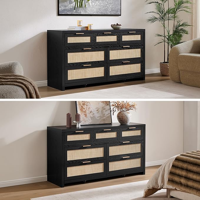 SICOTAS 7 Drawer Dressers for Bedroom Set 2, Long Rattan Dresser, Dresser TV Stand, Closet Organizer Chest of Drawers, Clothes Storage Dressers (Black Oak, 7 Drawers (2 pcs))
