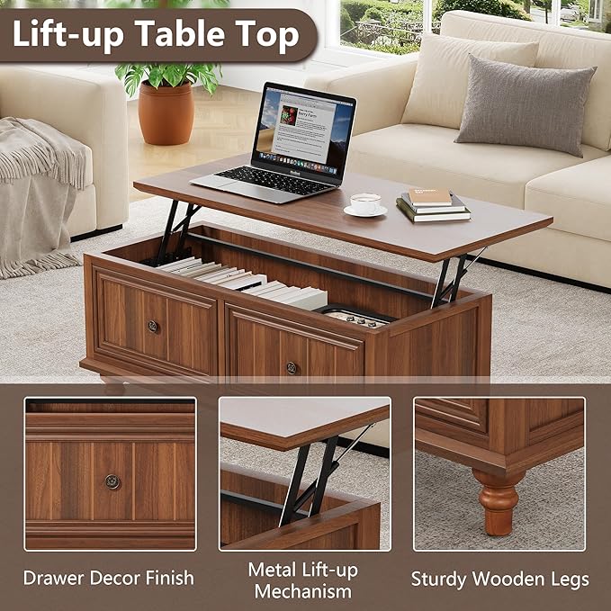 39" Lift Top Coffee Table for Hidden Compartment, Wood Coffee Tables with Shelf, Farmhouse Rectangular Center Table Dining Table for Living Room Home Office Small Space (Walnut)