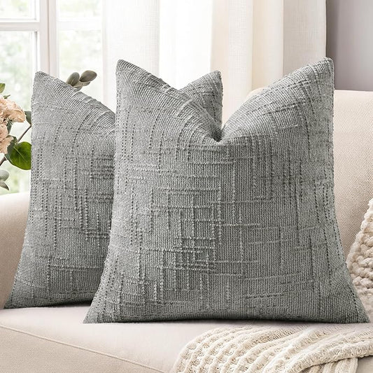 decorUhome Neutral Grey Chenille Throw Pillow Covers 20x20 Set of 2 Thick Textured Slubby Couch Pillow Covers Farmhouse Accent Modern Neutral Decorative Pillow Cases for Bed Sofa Living Room