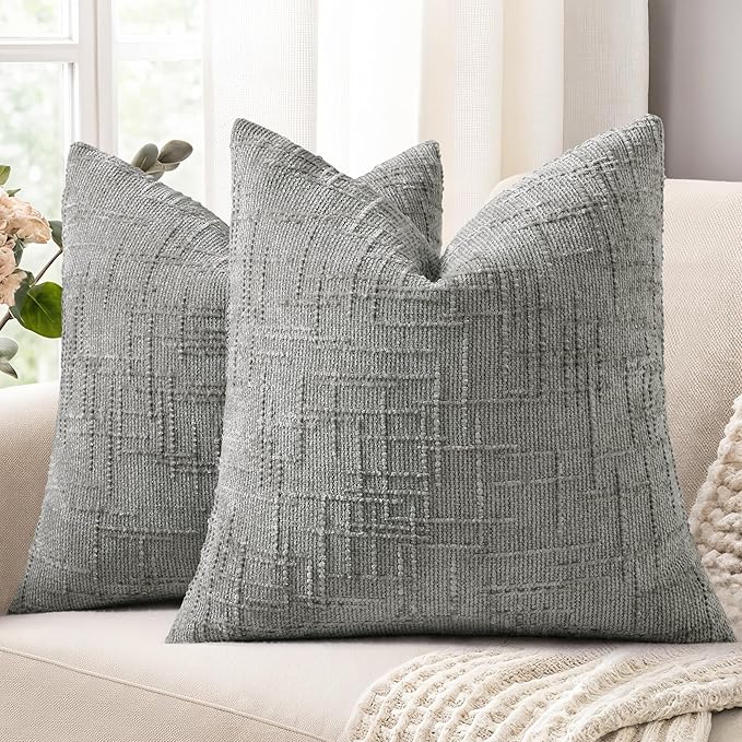 decorUhome Neutral Grey Chenille Throw Pillow Covers 18x18 Set of 2 Thick Textured Slubby Couch Pillow Covers Farmhouse Accent Modern Neutral Decorative Pillow Cases for Bed Sofa Living Room