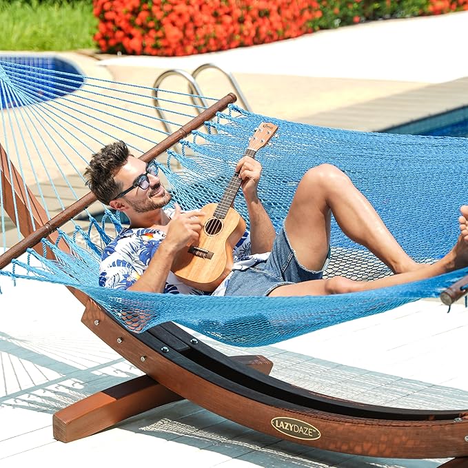 Lazy Daze Hammocks 10.5 FT Double 2 Person Caribbean Rope Hammock, Hand Woven Polyester Hammock with Spreader Bars, for Outside Outdoor Backyard Patio Poolside,450 LBS Capacity,SkyBlue