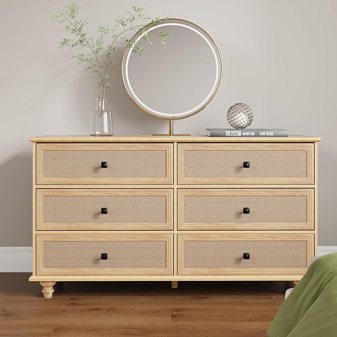 ORRD 6 Drawer Dresser for Bedroom, Mid Century Modern Wide Wood Rustic Chest of Drawers Wooden Storage Organizer Dressers with Burlap Rattan Drawers for Living Room, Hallway Closet, Entryway, Natural
